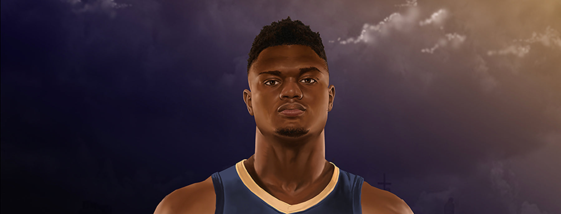 Zion Williamson standing in front of stormy skies.