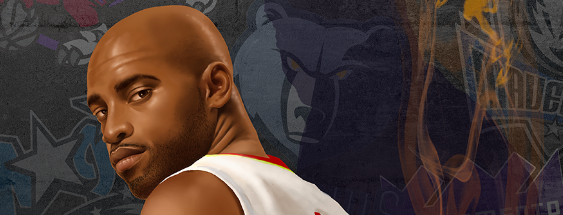 A detail view of Terry Smith's painting of Vince Carter's face.
